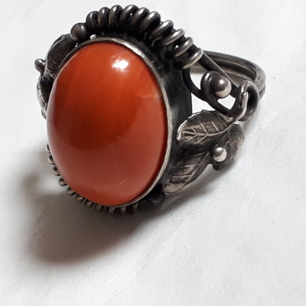 SILVER & CORAL ring, marked 800, antique from Thirties, EU 53
