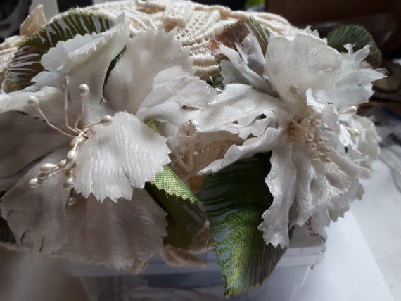 Vintage Cream Lace Hat Pearls and Rhinestones White Velvet 