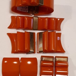 BAKELITE pumpkin full set, forties, RIBBON style, clamper, clips, earrings, brooch, buckle
