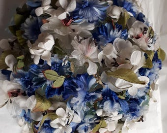 Vintage blue and white flowers. Hat. Original Vintage 50s 60s Flower Covered Tall Dome Hat in  main image 3