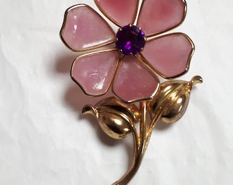 Trifari Alfred Phillippe Gripoix poured glass pink flower, fur clip, purple rhinestone, marked