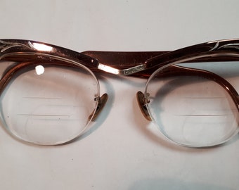 1950s Bausch & Lomb cateye eyeglass frames,  etched coppertone aluminium