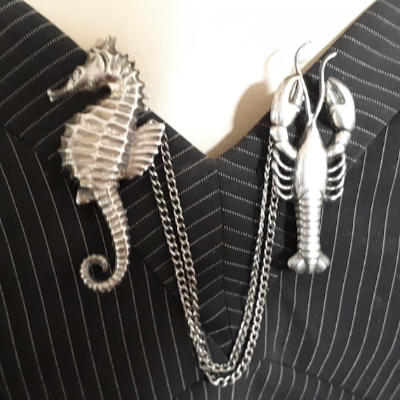 STERLING SILVER sweater guard, lobster and sea-hor