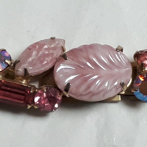 WEISS bracelet, forties, rose art glass stones, pink & AB rhinestones, fabulous