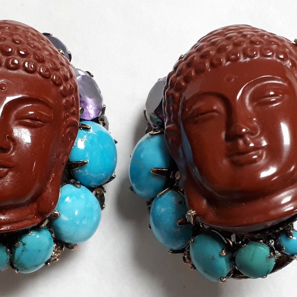 IRADJ MOINI BUDDHA earrings, brown jasper Buddha figure, real turquoises and amethysts. Rare and collectible