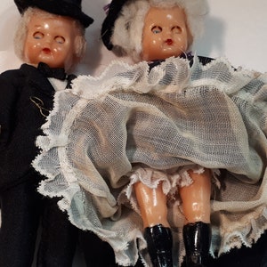 Vintage DOLLS celluloid, MINIATURE elegant SENIOR couple, French hand-sewn miniature black costumes, incredible.