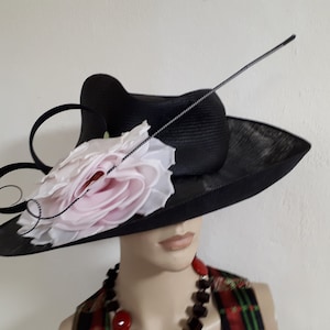 REDUCED!!!! Philip TREACY - large straw hat, black, rose pink flower, long feather, iconic, rare