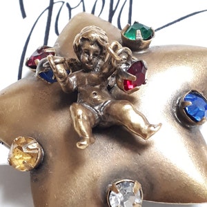 Cherubs JOSEFF of HOLLYWOOD ANGEL earrings, brass & crystals, famous designer to the stars, signed.
