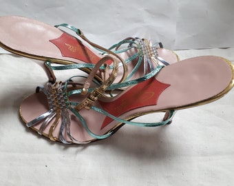 ELSA SCHIAPARELLI chaussures stiletto à lanières vintage, couleurs métalliques pastel, EU 36