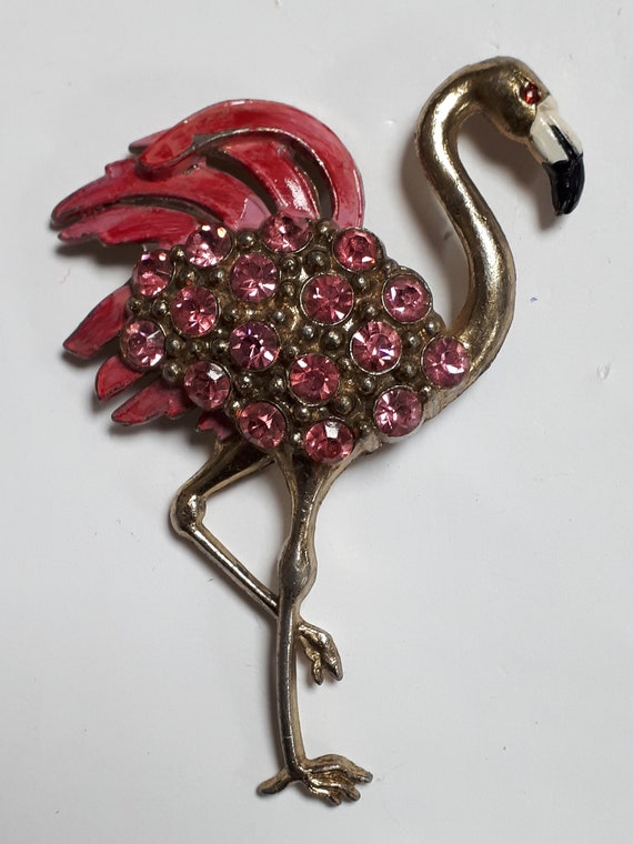 Enamel Brooch 2.8 Inches Multi Color Rhinestones Vintage Pot Metal Pink Flamingo Brooch Large Bird Pin