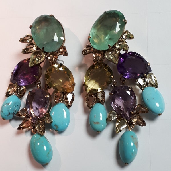 IRADJ MOINI earrings, long, green amethyst turquoise lemon - real stones, rare collectible