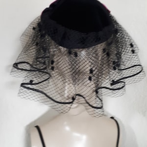 Vintage hat, PINK & black, voluminous veiling, extravagant, glamorous, mourning