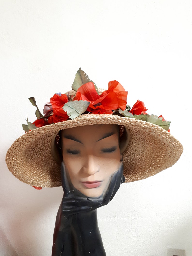 ELSA SCHIAPARELLI vintage hat, straw with poppies and forget-me-nots, wide-brimmed image 4