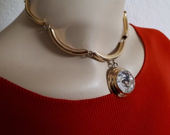 Nettie Rosenstein, vintage goldtone necklace with HUGE rhinestone pendant, sophisticated.