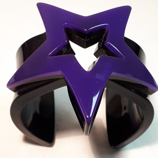 JEAN MARIE POINOT cuff bangle, black & purple, huge purple star, signed, French design