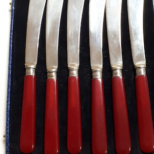 Könnte beinhalten: Satz von sechs silbernen Buttermessern mit roten Kunststoffgriffen in einem blau samtenen Etui.