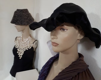 LEATHER ladies hat, LIKA of Milan, Italy, quality hat, floppy, black, FABULOUS