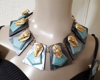 LARRY VRBA Egyptian Revival pharoah necklace and matching earrings, blue grey