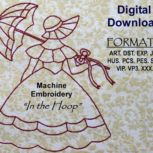 Machine Embroidery -- ITH  Design Download- REDWORK - (one)  Lady with Umbrella, 3 sizes 4x4, 5x5, 5x7