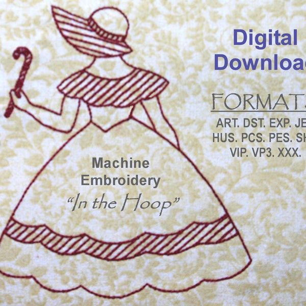 Machine Embroidery--ITH  Design Download - REDWORK - (one) Colonial Lady with Candy Cane, 3 sizes 4x4, 5x5, 5x7