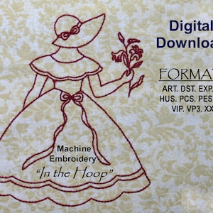 Machine Embroidery--ITH  Design Download - REDWORK - (one) Colonial Lady with Easter Lily, 3 sizes 4x4, 5x5, 5x7