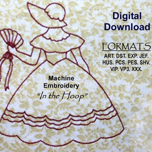 Könnte beinhalten: Maschinenstickerei-Design einer Frau in einem langen Kleid und einem großen Hut, die einen Fächer hält. Das Design ist in Rot und Braun auf weißem Hintergrund mit einem Blumenmuster. Der Text "Machine Embroidery "In the Hoop" befindet sich unter dem Design. Der Text "Digital Download" und "Formats" befindet sich über dem Design. Die Formate sind unter dem Text "Formats" aufgeführt.
