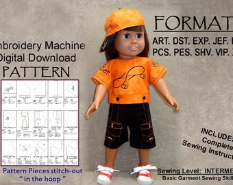 18-Inch Doll ITH Pattern, Machine Embroidery / DIGITAL DOWNLOAD, Skater Outfit, "In the Hoop" (5x7) Printable Instructions Included