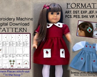 18-Inch Doll ITH Pattern, Machine Embroidery / DIGITAL DOWNLOAD, Apple Dresses, Barrettes, Purse "In the Hoop" (5x7) Printable Instructions