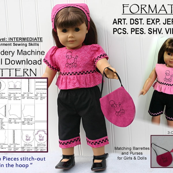 18-Inch Doll ITH Pattern, Machine Embroidery / DIGITAL DOWNLOAD/Poodle Shirts, Shorts, Capris, Purse "In the Hoop"(5x7) Printed Instructions