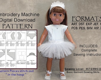 18-Inch Doll ITH Pattern, Machine Embroidery / DIGITAL DOWNLOAD, Ballerina Outfit "In the Hoop" (5x7), Printed Instructions included