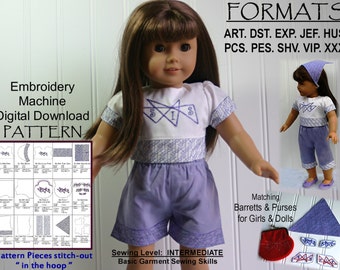 18-Inch Doll ITH Pattern, Machine Embroidery / DIGITAL DOWNLOAD /Shirts, Shorts, Capris, Purse, "In the Hoop"(5x7) /Printable Instructions