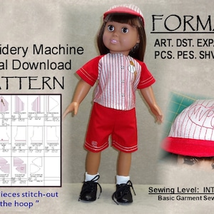 May include: Embroidery machine digital download pattern for a baseball uniform for a doll. The pattern includes a shirt, shorts, and a cap. The pattern pieces are shown in a grid on the left side of the image. The doll is wearing the completed outfit. The image also includes the text "FORMATS" and a list of embroidery file formats. The text "Sewing Level: INTERMEDIATE" is also included.