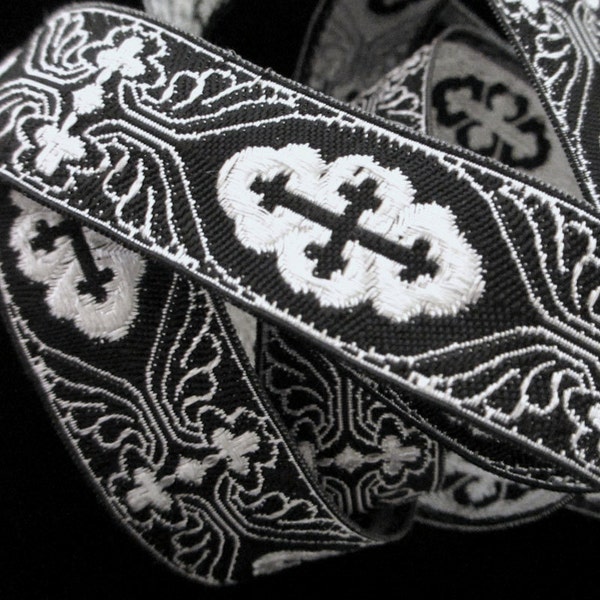 REMANENTE 862 Adorno de jacquard "Gótico" 1" (25 mm) - 18" de largo, adorno blanco y negro, adorno de cruz, adorno de vestimenta, adorno religioso, adorno de jacquard