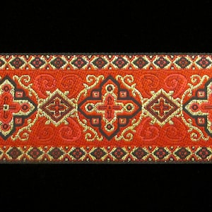 459.2 REMNANT Jacquard trim &quot;Byzantium&quot; red - 1-1/2&quot; (38mm) - 34&quot; long, red jacquard trim, red jacquard ribbon, red and pink