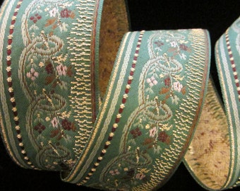 REMNANT 425 Jacquard trim "Mozart" 1-1/4" (32mm) - 28" long,  dark sage green trim, green jacquard ribbon, floral ribbon trim