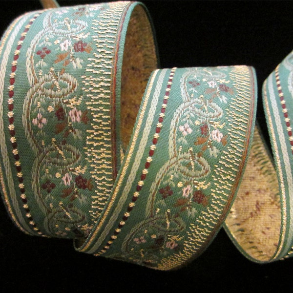 REMNANT 425 Jacquard trim "Mozart" 1-1/4" (32mm) - 34" long,  dark sage green trim, green jacquard ribbon, floral ribbon trim