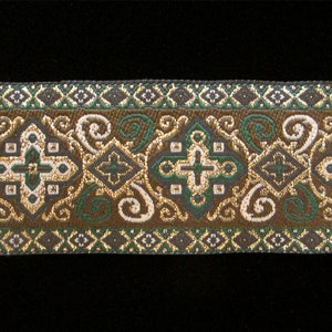 REMNANTS 459.1 Jacquard trim &quot;Byzantium&quot; green - 1-1/2&quot; (38mm)  two pieces 23&quot; + 16&quot; long, green jacquard ribbon, green and brown trim