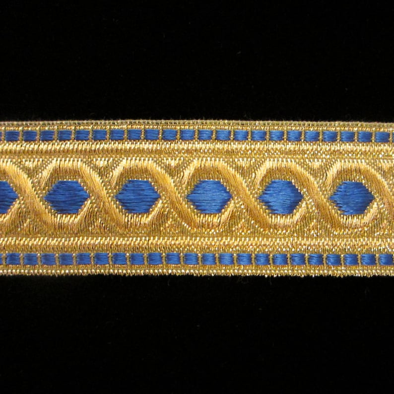 803.3 Metallic galloon trim "Hex" with border blue 1-1/4" (30mm), blue and gold trim, metallic galloon, vestment trim, geometric trim image 2