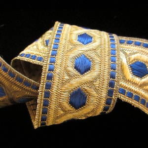 803.3 Metallic galloon trim "Hex" with border blue 1-1/4" (30mm), blue and gold trim, metallic galloon, vestment trim, geometric trim image 1
