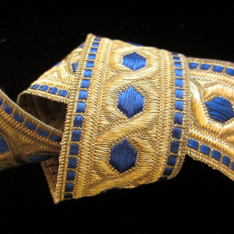 803.3 Metallic galloon trim "Hex" with border blue 1-1/4" (30mm), blue and gold trim, metallic galloon, vestment trim, geometric trim image 1