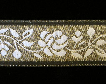 444 Jacquard trim "White rose" 1" (25mm), gold and black grim, rose trim, white and gold ribbon trim, ornate metallic trim