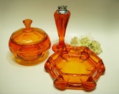VIKING GLASS PERSIMMON Ashtray Set Orange Glass Tall Table Lighter