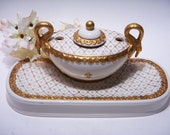 PORCELAIN INKWELL Pen Rest Desk Set ITALY