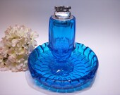 ASHTRAY and LIGHTER SET Fenton Valencia Colonial Blue Thumbprint