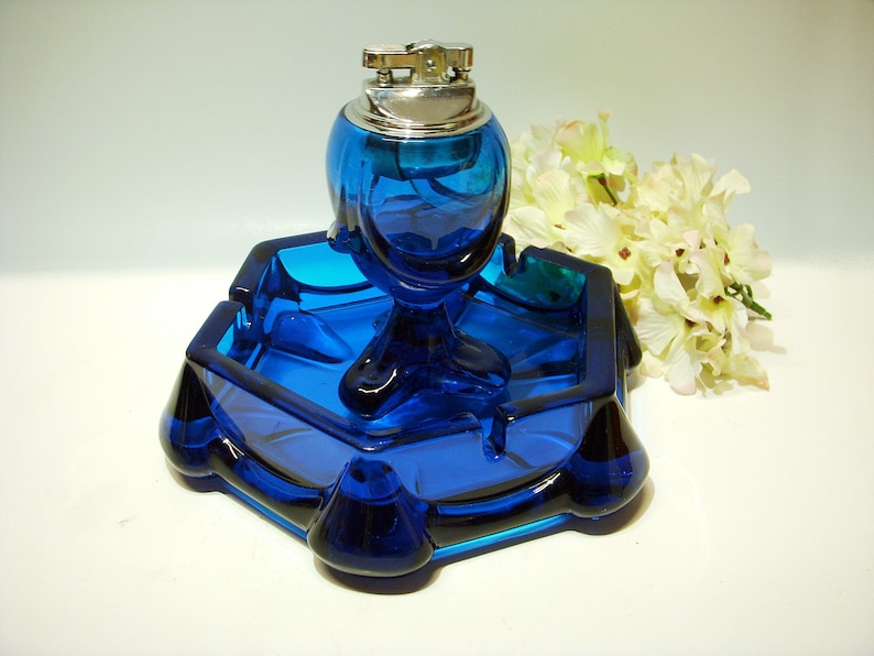 VIKING BLUENIQUE GLASS Table Lighter and Ashtray Etsy