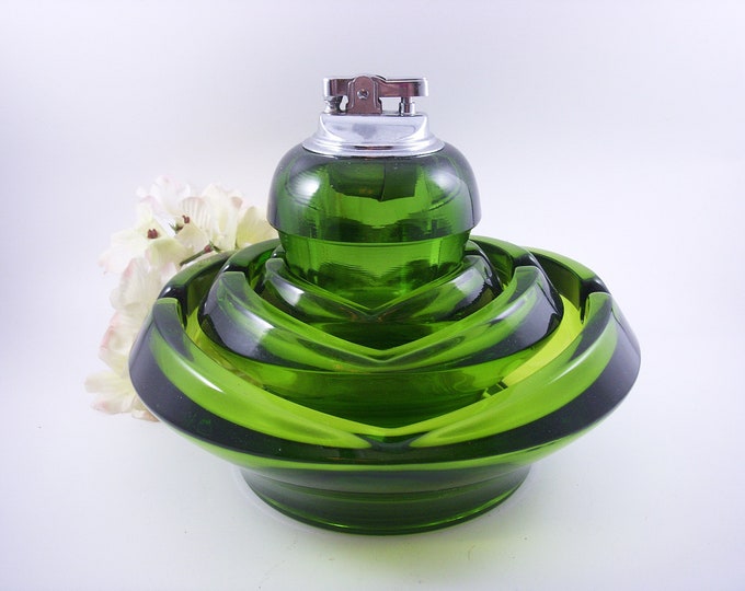 VIKING GLASS Green Stacking Ashtray Set With Table Lighter Etsy