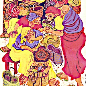 May include: An abstract painting depicts a market scene with several figures examining baskets and other items. The artwork features a vibrant color palette, including yellow, red, purple, and green. Various woven baskets and sandals are visible.