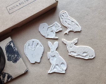 Woodland Wildlife Rubber Stamp Collection :  Hare Stamp, Deer Stamp, Badger Stamp, Squirrel Stamp & Owl Stamp Beginner Craft Set Linoprint