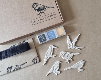 Birds Rubber Stamp Kit : Grey Wagtail Stamp, Swallow Stamp, Blue Tit Stamp, Woodpecker Stamp & Goldfinch Stamp Linostamp, Craft Set, Ink Pad