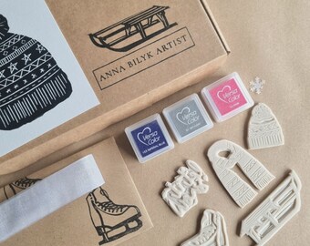 Winter Rubber Stamp Kit : Sledge, Ice Skates, Wooly Hat, Scarf & Let It Snow Stamp Craft Set, Stamp Supplies, Ink Pad